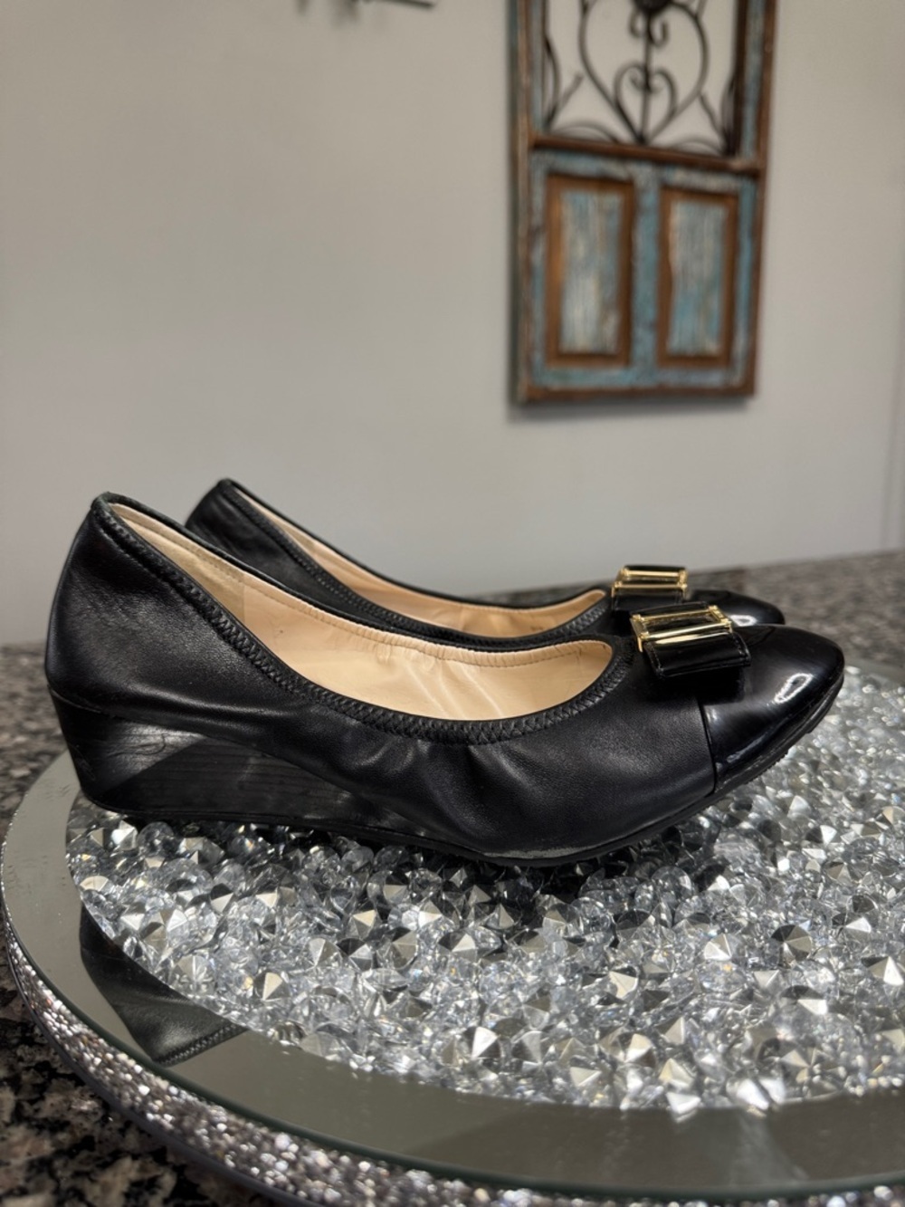 Cole Haan Black leather Wedge ballet Flats with Gold Bow Detail 9